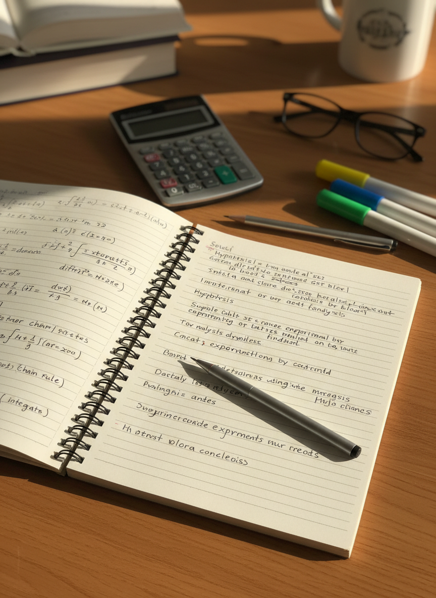 An open spiral-bound notebook on a smooth oak table, one page filled with step-by-step solutions to a calculus problem, the opposite page hosting a carefully edited short paragraph with words crossed out and replaced in the margins. A simple non-digital calculator, a metal mechanical pencil, and colored highlighters are arranged naturally nearby, slightly askew as if just set down. Warm, late-morning sunlight filters across the table from the left, casting soft, elongated shadows and highlighting the paper’s subtle grain. Photographic realism from a slightly elevated angle, with a calm, focused, authentically academic mood and a softly blurred background hinting at additional study materials.