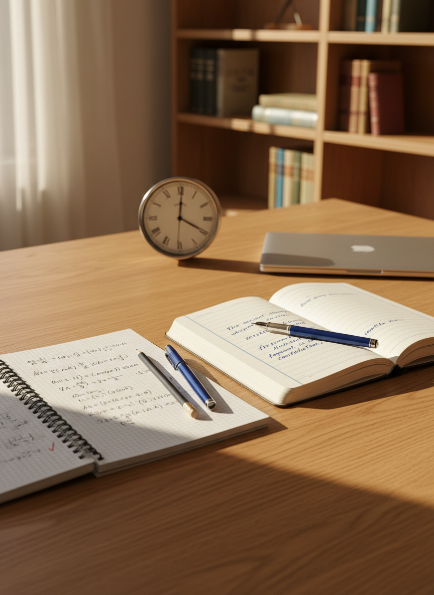 A spacious wooden study desk neatly arranged for a focused tutoring session, with an open math notebook filled with neatly handwritten equations beside a lined journal containing the start of a creative story. A sharpened graphite pencil and a smooth blue ink pen rest diagonally between them, and a simple analog clock and closed laptop sit further back. Soft afternoon natural light from an unseen window washes across the desk, creating gentle shadows and subtle highlights on the paper texture. Photographic realism at eye-level, with a clean, modern, professional atmosphere, shallow depth of field softly blurring a bookshelf of math and literature titles in the background, evoking calm, concentration, and approachable guidance.